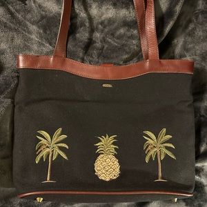 Scala Embroidered Twin Palms and Pineapple Black with Brown Leather Trim Handbag